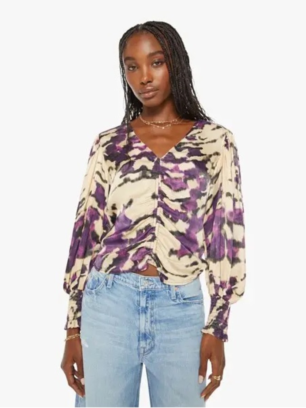 Maria Cher Auka Top Wild Violet Ruched Blouse Abstract Print Balloon Sleeves